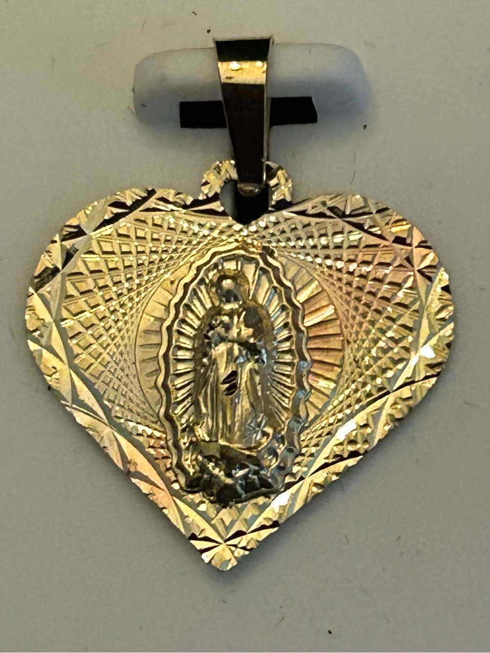 Solid 10KT Two-Tone Gold Heart Pendant with Virgin Mary Medallion